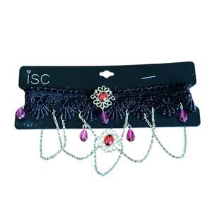 isc Black Lace Choker Necklace with Gold & Red Beads and Chains 3" Drop